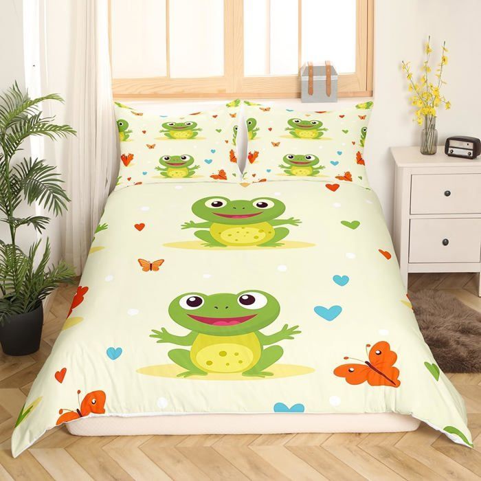 Funda nórdica infantil de rana 140x200cm, juego de ropa de cama Kawaii de dibujos animados de rana y mariposa + 2 fundas de almohada 65x65cm