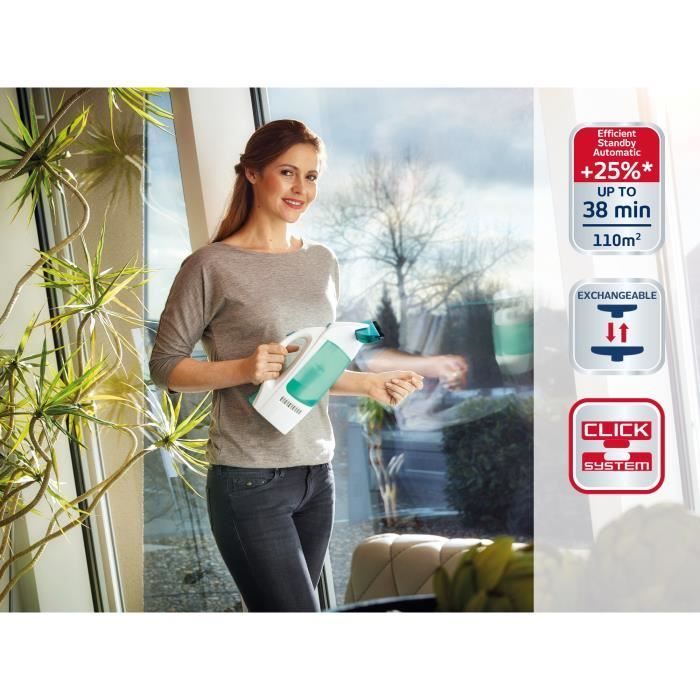 Limpador de janelas Leifheit Dry & Clean 51003 com cabo e lavador, configurado para limpeza sem manchas, bateria com duração de 38 minutos.