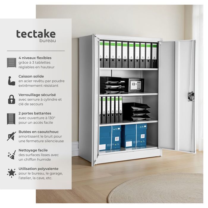 Office storage - TECTAKE - Metal filing cabinet with 3 adjustable shelves - 90 cm x 40 cm x 140 cm - Grey