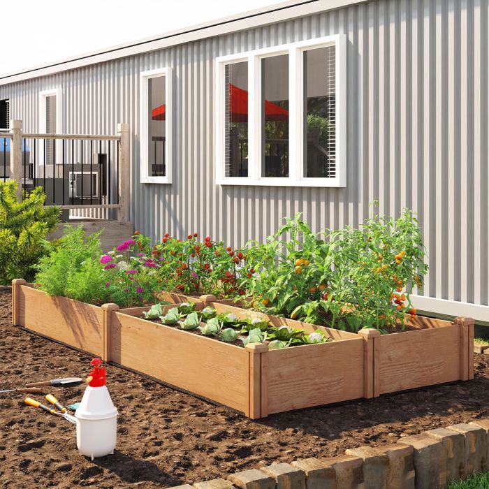 Canteiro elevado para jardim - Outsunny - 4 zonas de cultivo, fundo aberto com montagem sem ferramentas - madeira - 234x109x25cm - marrom claro