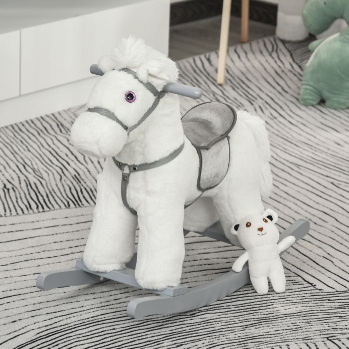 Caballito balancín para bebés de 18 a 36 meses - HOMCOM - con efectos de sonido - osito de peluche de regalo - de madera - 65 x 26 x 55 cm - blanco