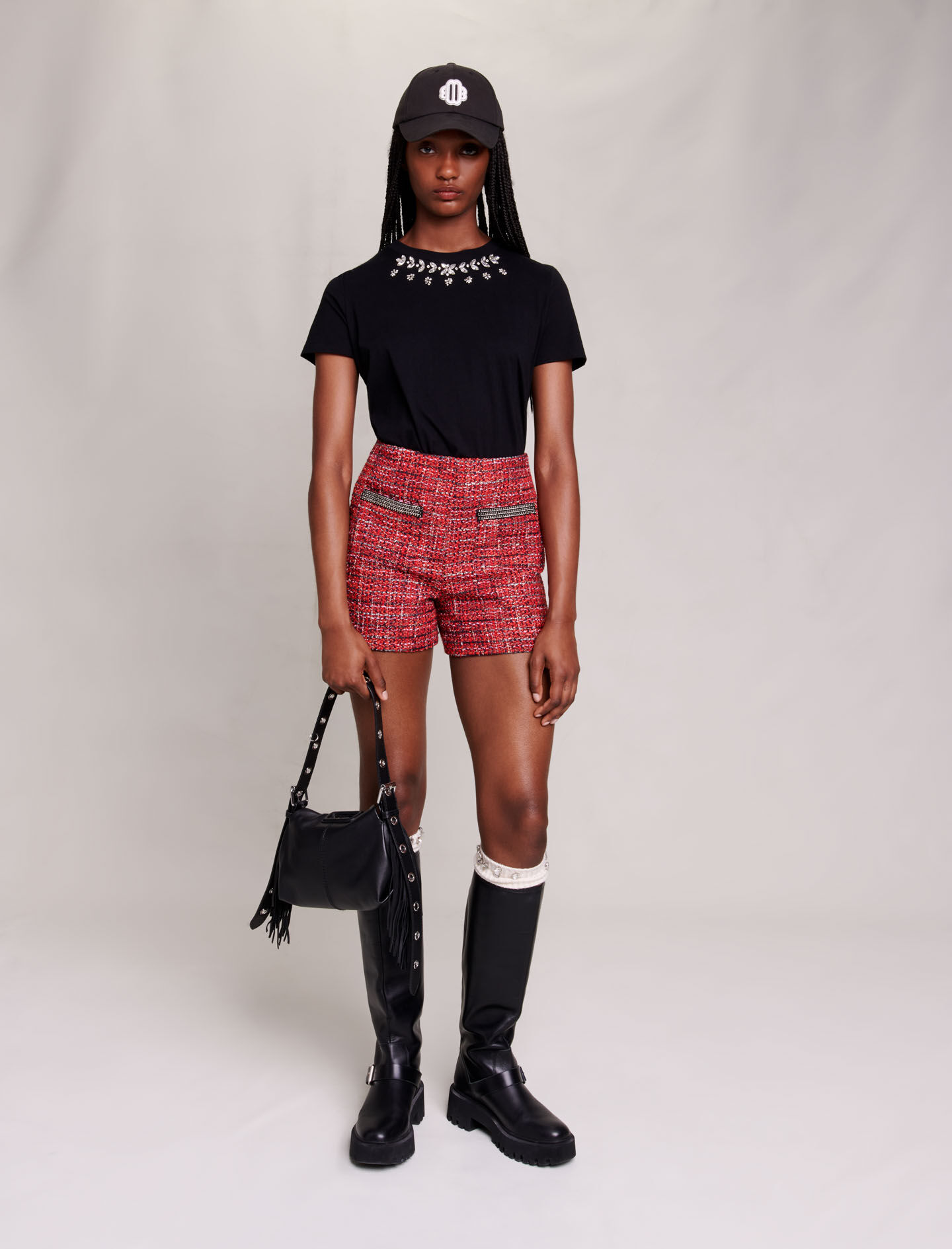 T-shirt van 100% katoen met strass-steentjes - Zwart