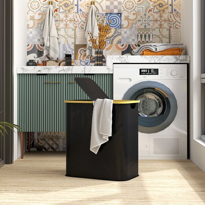 Cesto de ropa - HOMCOM - doble plegable 80 L - tapa - asas acanaladas - negro