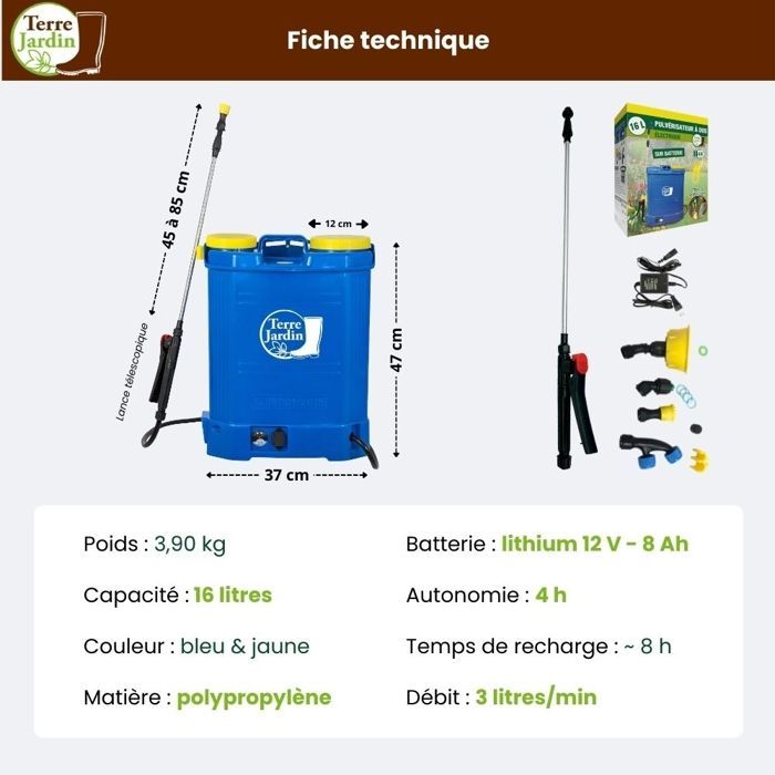Pulverizador eléctrico de mochila recargable de 16 L y 12 V, lanza telescópica de 49-85 cm, GARDEN EARTH, presión ajustable de 4,5 bar - 4 boquillas