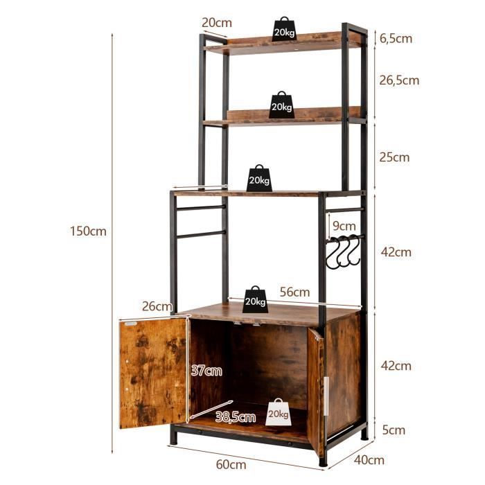 COSTWAY Étagère de Cuisine à 4 Niveaux, 60 x 40 x 150 CM, Desserte pour Four à Micro-ondes avec Crochets en S, Style Industriel