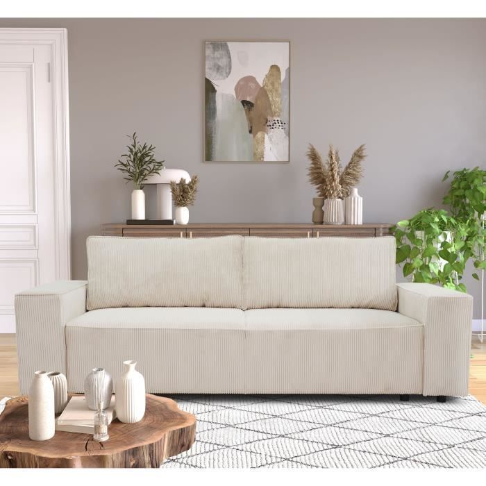 Sofá convertible de 3 plazas JOSH - pana beige - Compartimento de almacenamiento - 239 x 86 x 85 cm