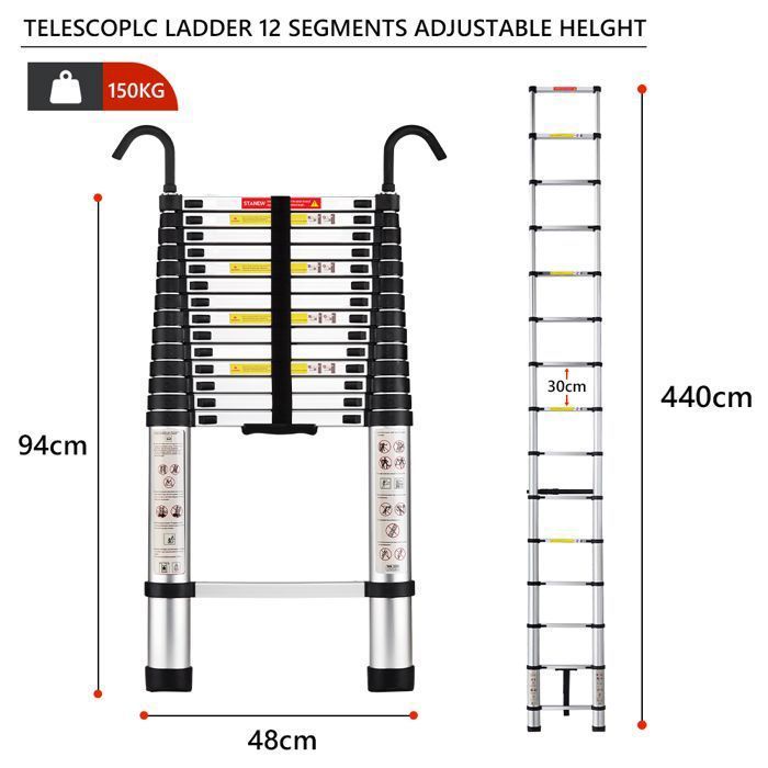 Escalera telescópica - STANEW - Recta simple - 4,4 m - Aluminio - Gancho desmontable