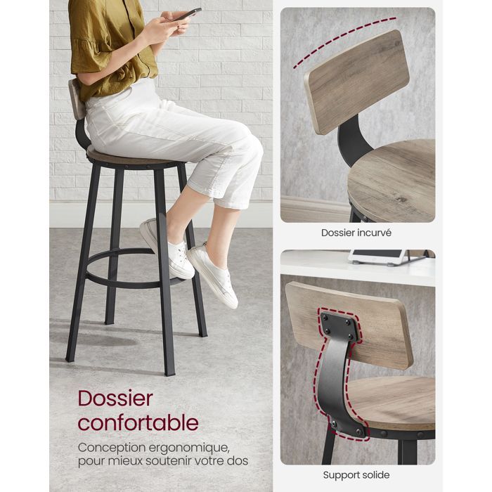 VASAGLE Lot de 2 Tabourets de bar, avec Dossier, Siège de Cuisine, Siège 73,5 cm de Haut, Style Industriel, Grège et Noir