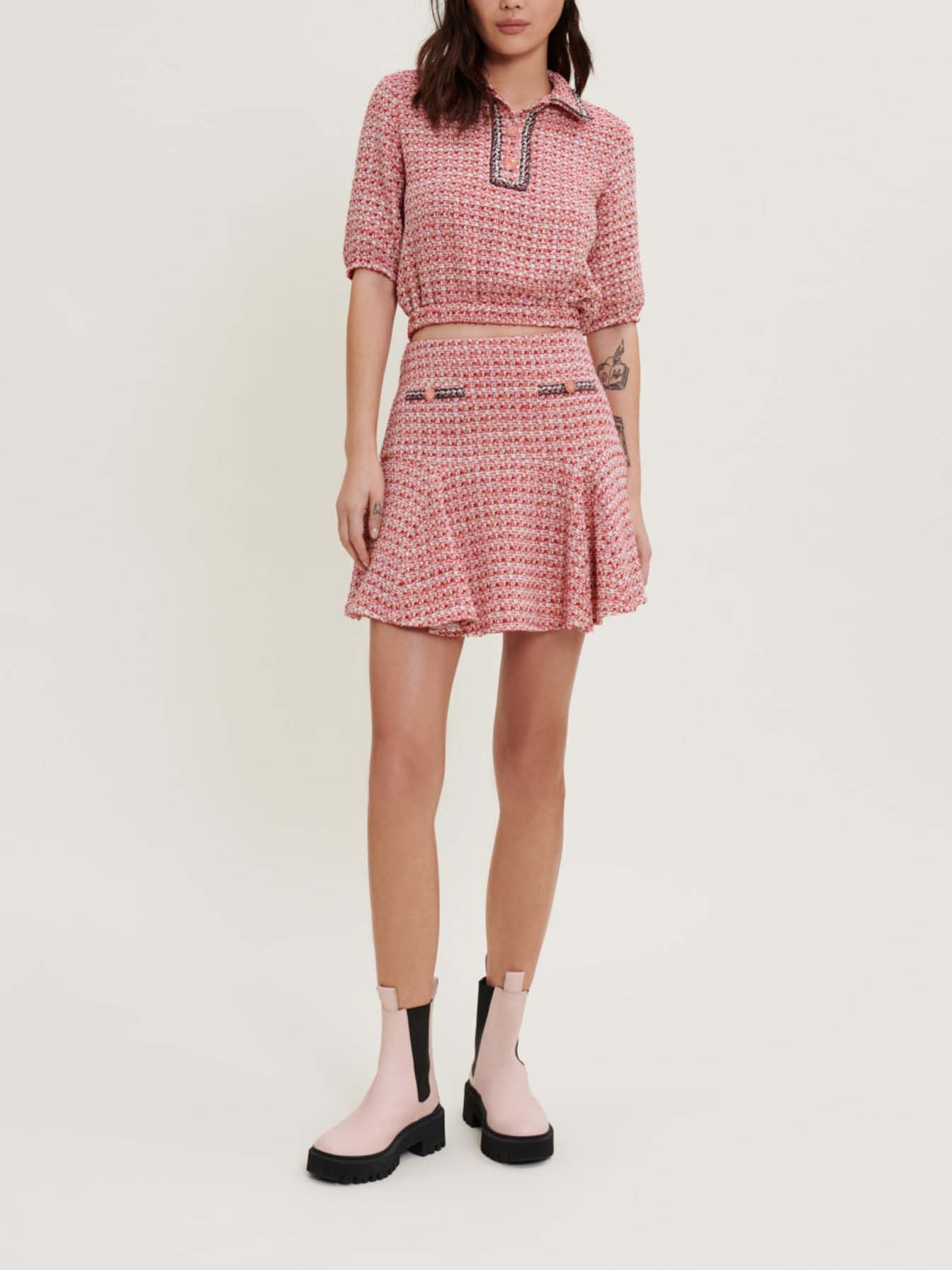 Top scurt din tweed cu dungi etnice - Roz/roșu