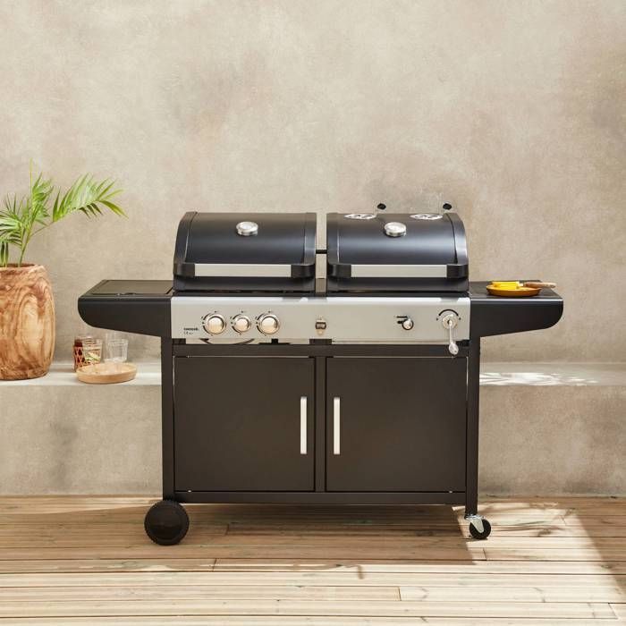 Barbecue 2 in 1 a gas e carbone - Marsac Nero - 3 bruciatori + 1 bruciatore laterale. Griglie in ghisa. Termometri