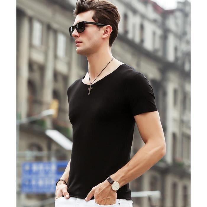 4er-Pack Herren-T-Shirts mit V-Ausschnitt, kurzen Ärmeln, Stretch, schmaler Passform, Sommer, einfarbig – Schwarz
