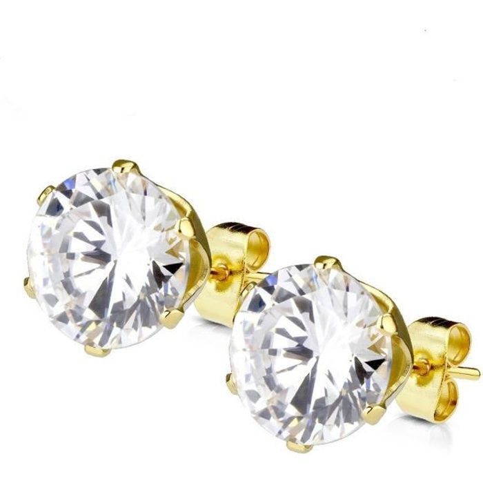 Boucles d'oreilles - Plaqué or - Zircon rond blanc (4mm) - Mixte