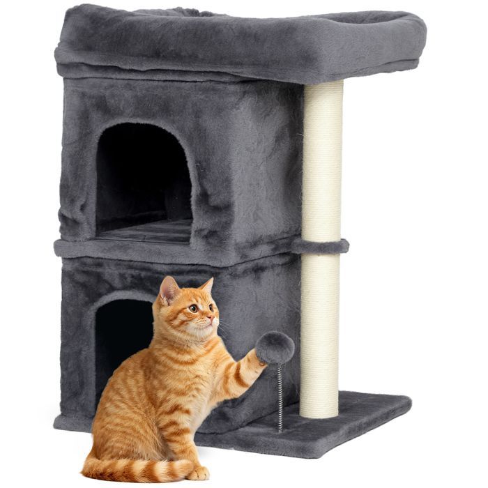 Cat tree - PawHut - large platform, 2 hideaways and plush ball, sisal scratching posts - 45 x 40 x 66 cm - dark grey