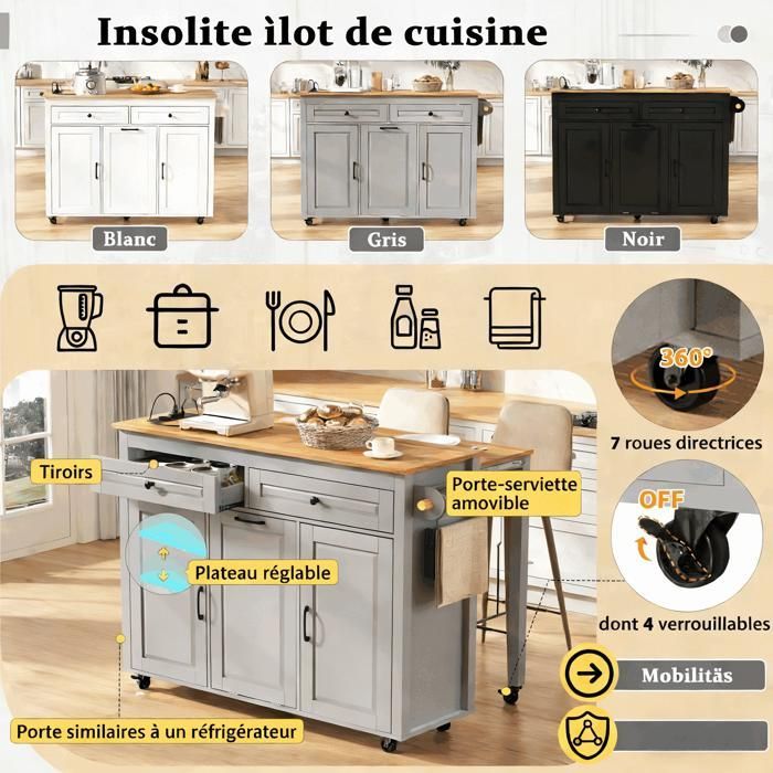 Isla de cocina móvil sobre ruedas: zona de comedor extensible, encimera, compartimento para cubos de basura (gris)