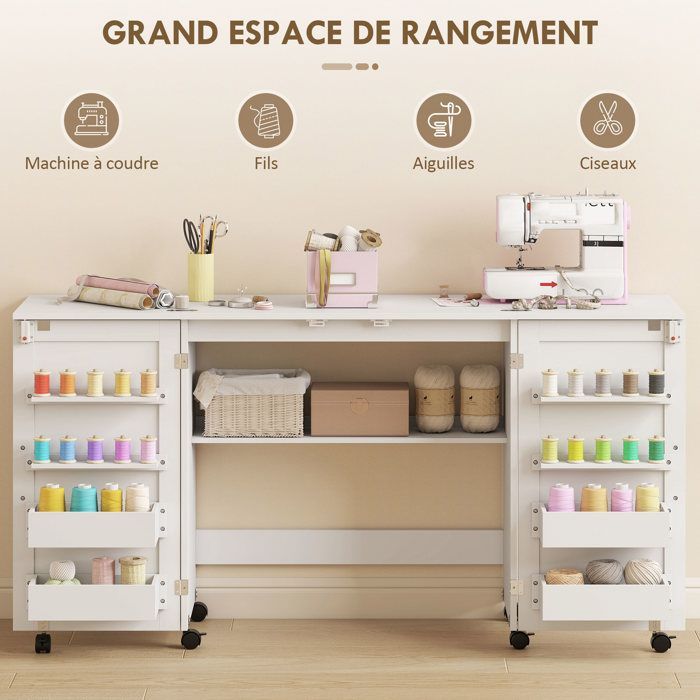 Table de couture - HOMCOM - pliante - roulettes, 2 portes, 4 bacs, 20 crochets - panneau de particules - 160x40x81,5cm - blanc