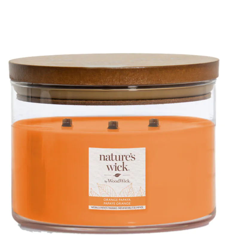 Woodwick Natures Wick Świeca w Szkle z 3 Drewnianymi Knotami Orange Papaya