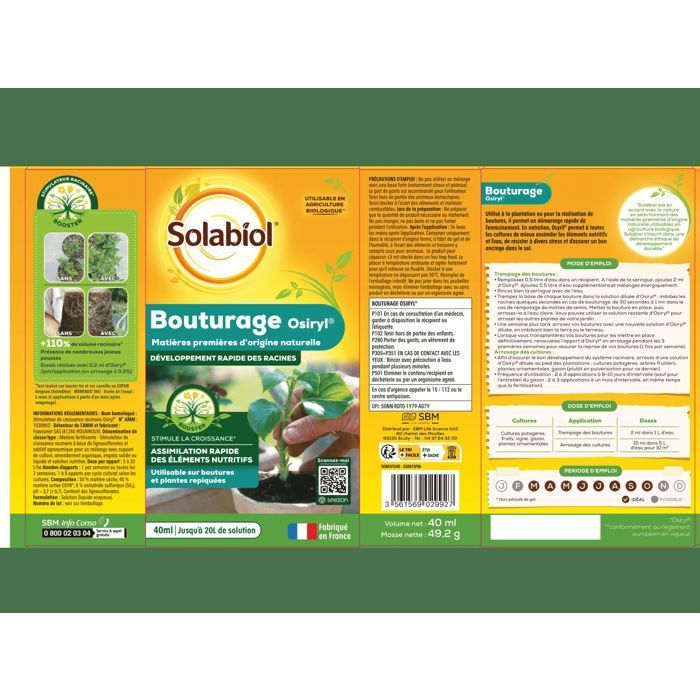SOLABIOL Osiryl Esquejes - 40 ml - Rinde hasta 20 l de solución - Estimulador de raíces - Apto para su uso en esquejes y plantas trasplantadas
