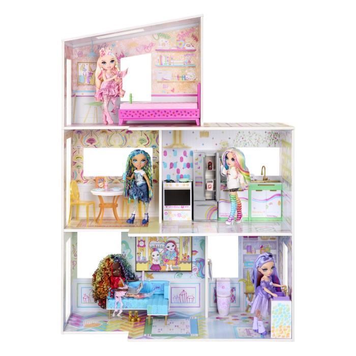 Regenboogkleurig speelhuis, poppenhuis met 3 verdiepingen, kleur de muren en vloeren met afwasbare stiften, houten huis