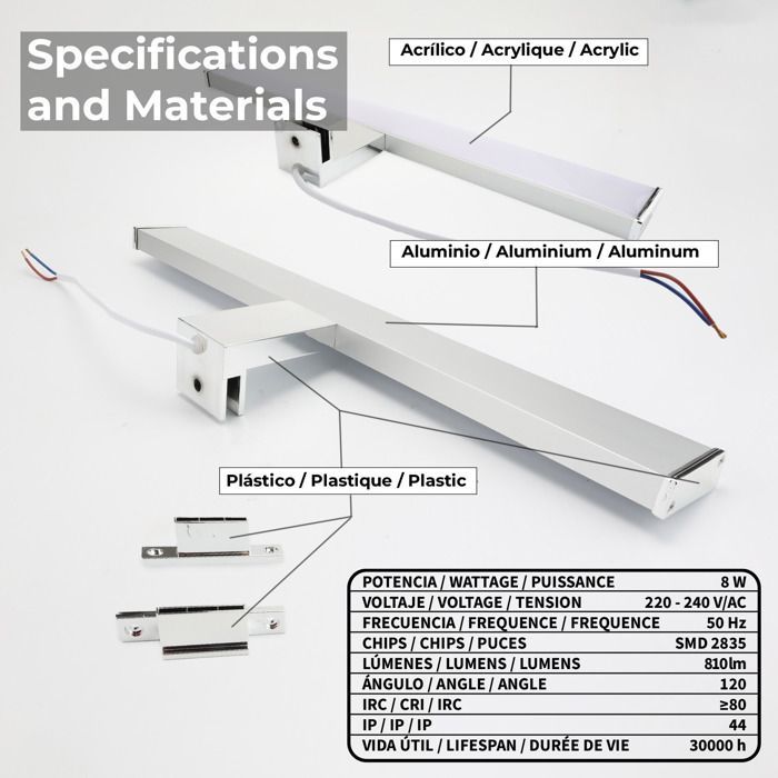 Aplique de pared LED de 12 W y 50 cm con protección IP44 para baño, espejo y muebles, diseño delgado, en aluminio cromado con luz blanca neutra.