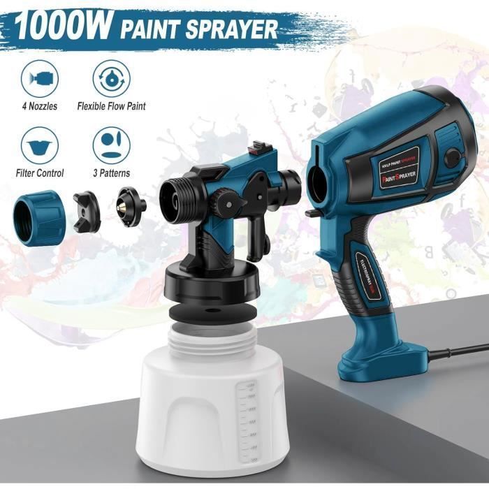 Pistolet à Peinture Electrique HVLP 1000W 1400ML avec 4 Buses et 3 modèles pour Meubles, Armoires, Murs de Clôture, Portes, DIY