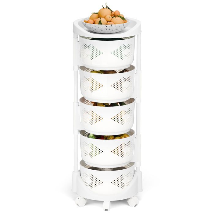 Carrito de almacenamiento de cocina de 5 niveles con ruedas giratorias de 360 grados y cesta giratoria para cocina y baño, blanco, 37x37x88cm