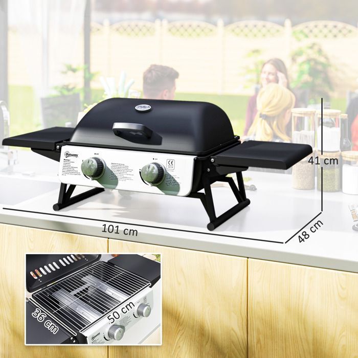 Barbacoa de gas portátil de sobremesa - Outsunny - 2 quemadores 5,6 kW - con mesas laterales, tapa y termómetro - negra