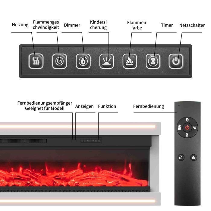Cheminée Électrique Murale - AMBIANCE - 127 cm - 12 Couleurs de Flammes & LED d'Ambiance - Chauffage 750W/1500W avec Télécommande