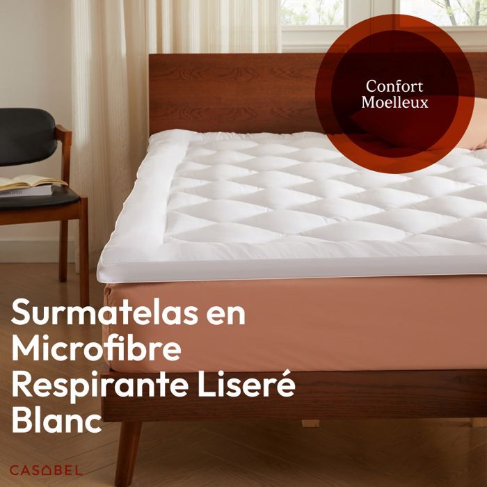CASABEL Surmatelas Douceur 140 x 200 cm en Microfibre Respirante avec Liseré Blanc – Ultra Moelleux, Anti-Acariens – 2 Places