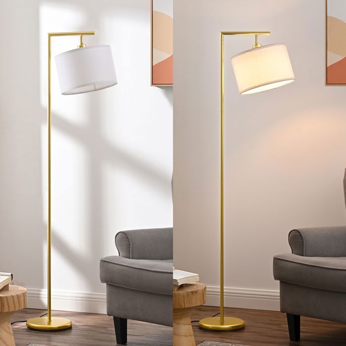 EDISHINE Lampadaire sur pied salon, lampe à arc avec abat-jour rotatif en lin, interrupteur à pied, ampoule E27 2700K fournie, doré
