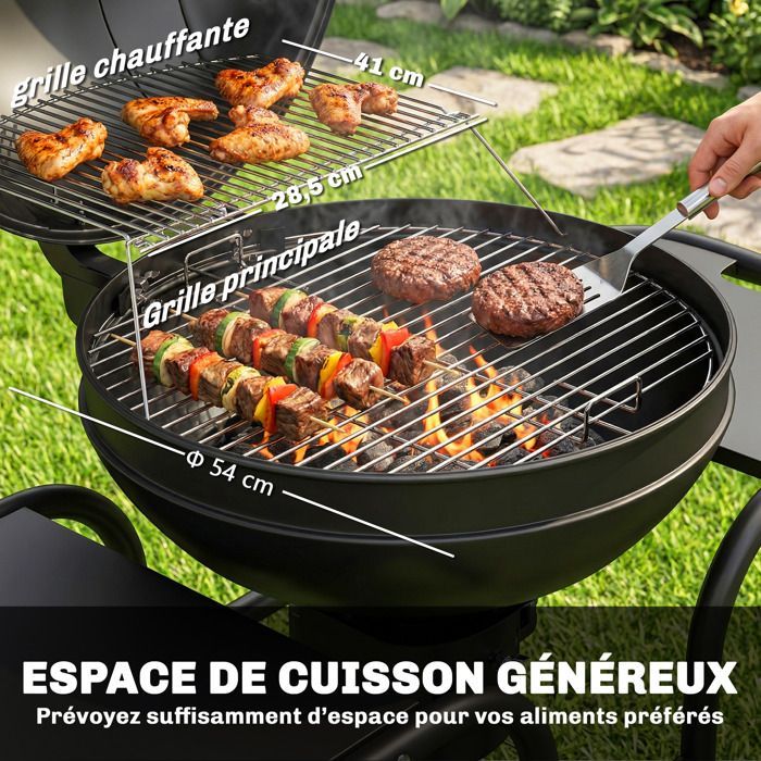 Barbecue rotondo a carbone - Outsunny - con coperchio, termometro, ripiani laterali, ripiano inferiore - 129 x 63,5 x 106,5 cm, nero