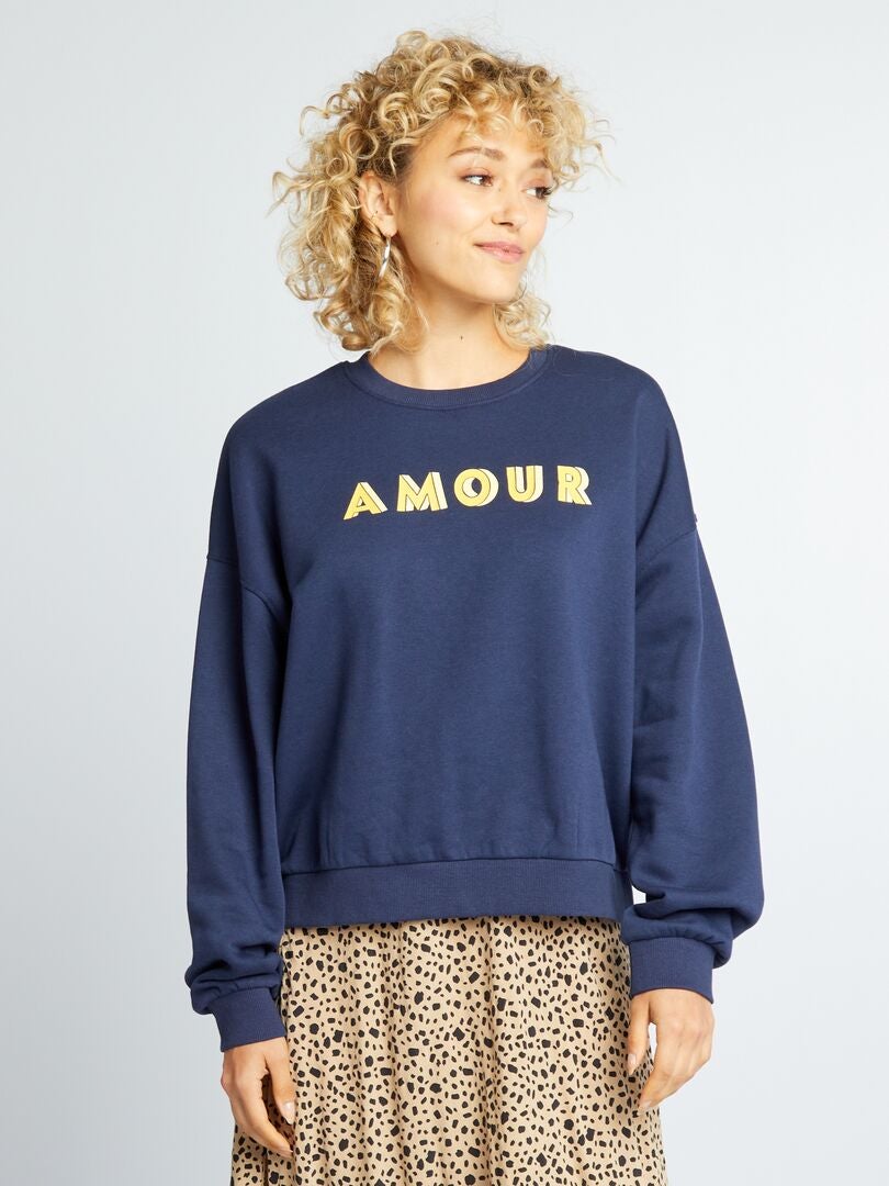 Bedrukte fleece sweater - Marineblauw