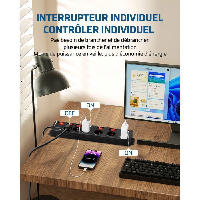 DEWENWILS Multiprise - 6 Prises  et 2 ports USB - câble 2m - 3680W/16A - 7 interrupteurs - noir