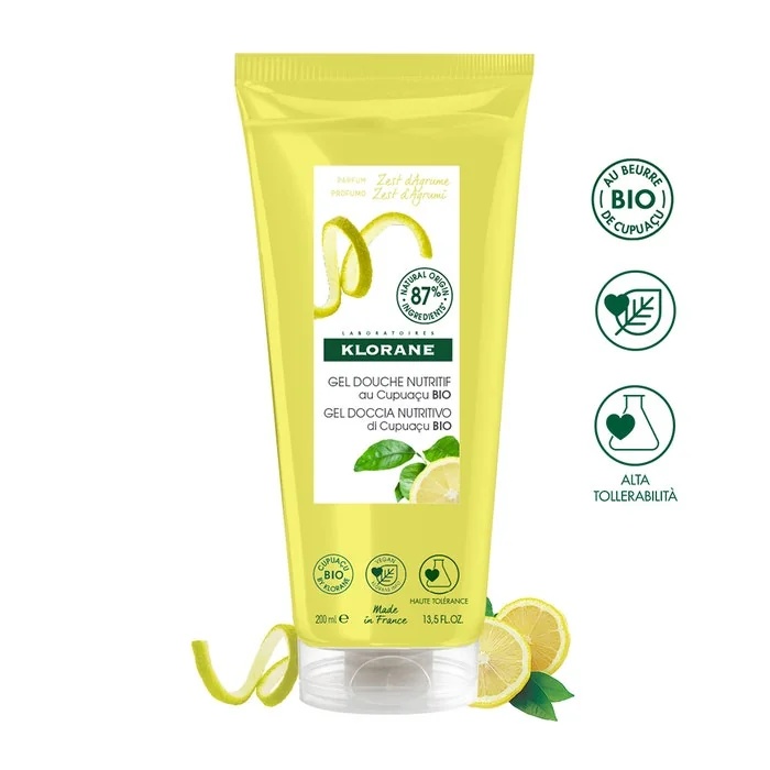 Gel de banho Klorane com manteiga de cupuaçu orgânica, aroma de casca de cítricos, 200 ml, nutritivo e energizante.
