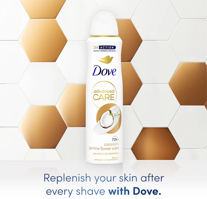 Desodorante spray Dove Advanced Care com fragrância de coco e jasmim