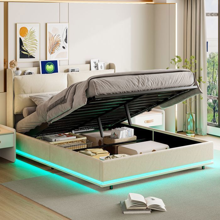 Lit coffre 140x190 - SUNFECILI - Velours beige - LED réglable - Chargement USB - Dossier amovible
