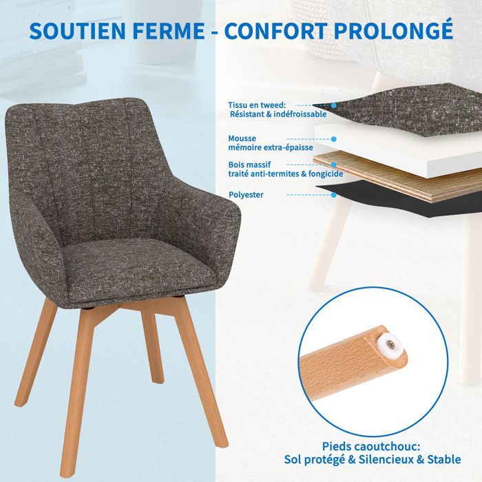 WAFTING Lot de 4 Chaises de Salle à Manger Pivotantes 360°, Accoudoirs et Pieds Bois, Dossier Haut avec Coussin en Molleton.Marron.
