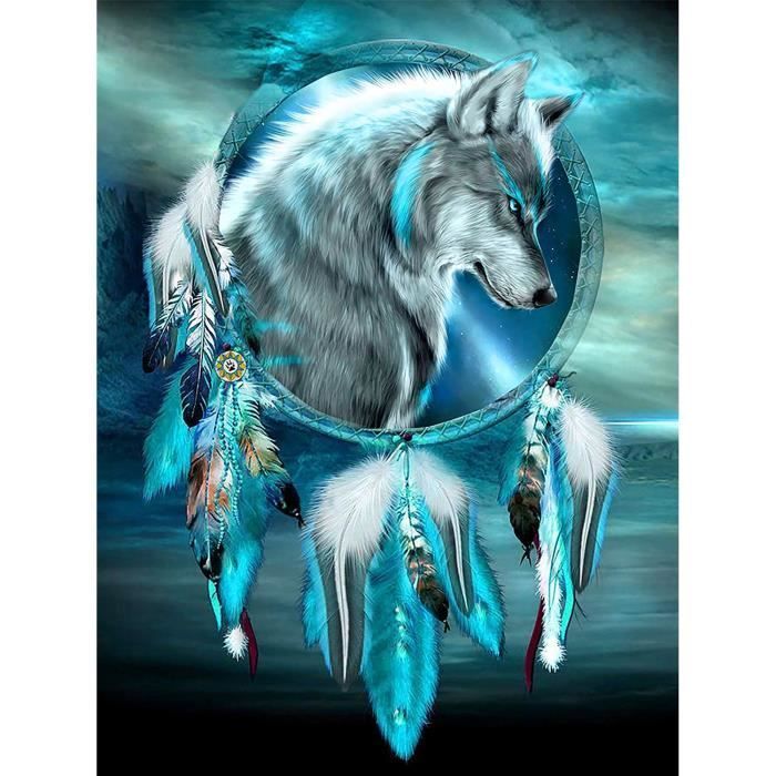 HM186651 Kit de pintura de diamantes DIY con animales y bordado de diamantes: Atrapasueños de lobo, 30x40cm