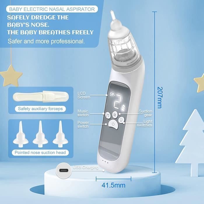 Elektrische neusaspirator voor baby's, neusaspirator met 3 zuigstanden, licht, muziek en 3 herbruikbare opzetstukken voor baby's