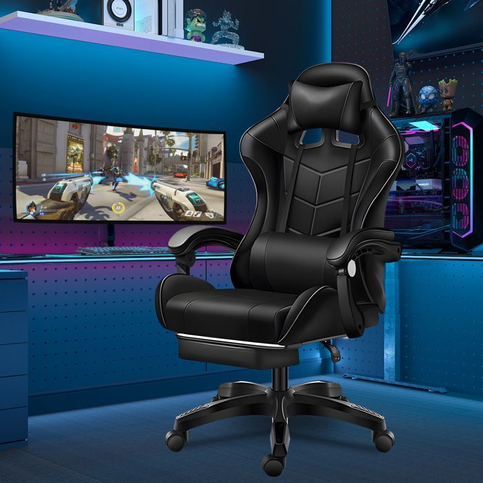 Sedia da gaming massaggiante, sedia da gamer con supporto lombare massaggiante, poggiatesta, altezza regolabile, schienale reclinabile a 135° -
