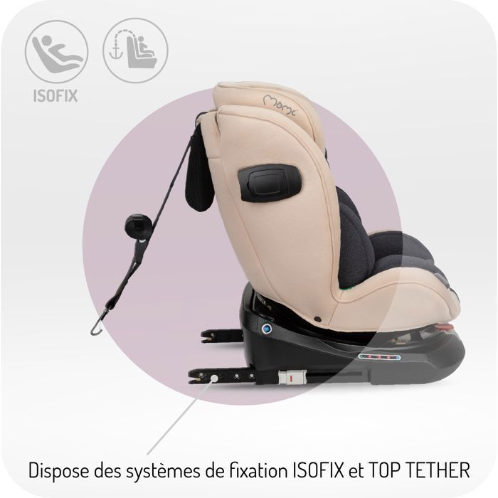 MoMi EMI – 360° draaibare autostoel I-SIZE 40-150 cm – 0-36 kg – ISOFIX + TOP TETHER – Voorwaarts/achterwaarts gericht – Beige