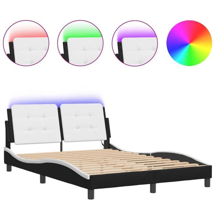 vidaXL Bedframe met LED-verlichting, zwart-wit, 140x190 cm, kunstleer, bed, lattenbodem, kunstleren bed, slaapkamermeubels