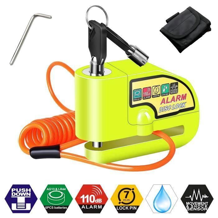 Candado de disco para motocicleta con alarma de 110 dB, candado de disco para scooter con alarma para motocicletas, bicicletas y scooters, con cable de 1,5 m.