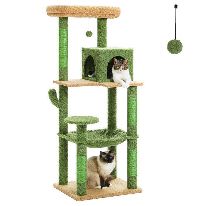 PAWZ Road Krabpaal, Ruim Ontwerp, Grote, Stevige Hangmat met Hangmat en Mooi Kattenhuis - Groene Cactus - 143 cm