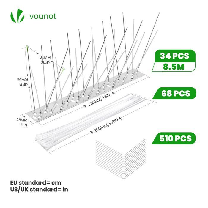 VOUNOT® Pic Anti-Pigeon 8.5M - 25cm x 34pcs - acier Inoxydable - pic anti oiseaux avec attaches câbles
