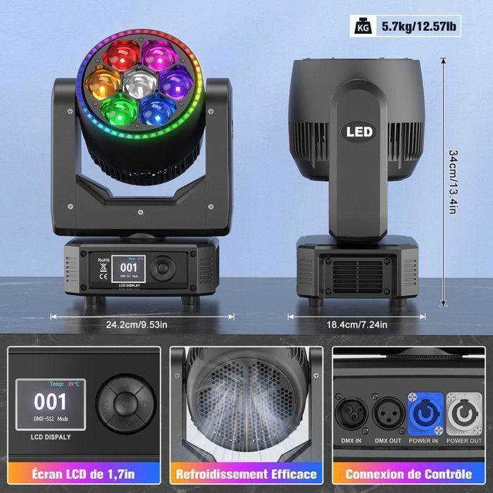 Cabeza móvil LED RGBW DMX UKing de 350 W - Luz de escenario con haz, lavado y zoom CTO - Iluminación para DJ con 7 ojos de abeja para fiestas disco (paquete de 2)