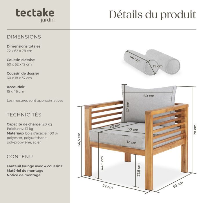 Fauteuils lounges - TECTAKE - Fauteuil de jardin BOKA en bois lasuré charge maximale 120 kg