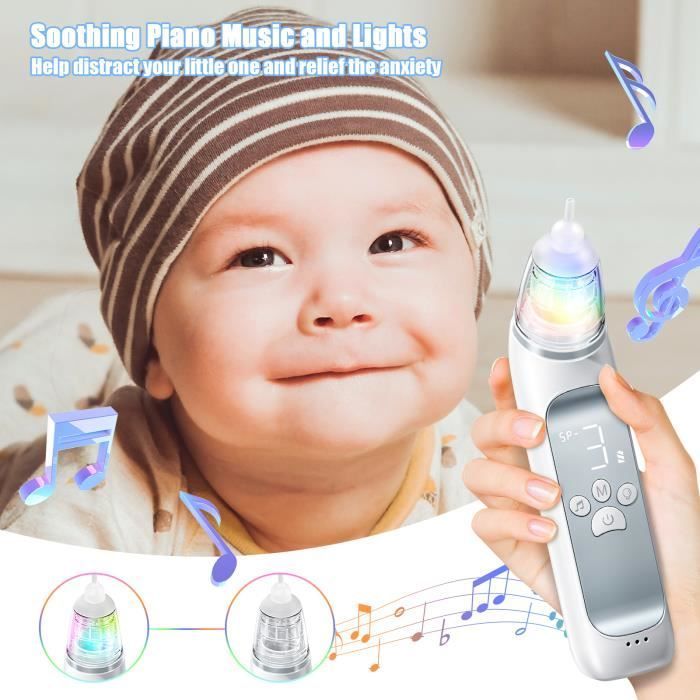 De JOULLI elektrische neusaspirator voor baby's heeft 3 zuigniveaus, 4 verwisselbare opzetstukken, 2 standen, is volledig waterdicht en heeft rustgevende muziek.