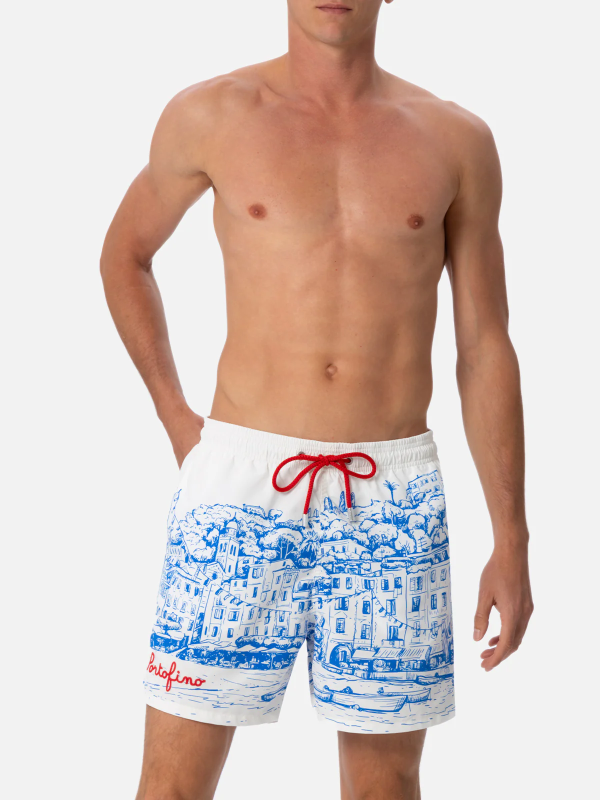 Heren Gustavia Mid-Length Zwembroek | Portofino Piazzetta Print | Elastische tailleband | Verstelbaar trekkoord | MC2 Saint Barth