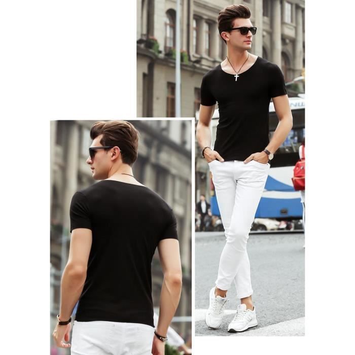 Pack of 4 Men's V-Neck Short Sleeve Stretch T-Shirts Slim Fit Summer Tops Solid Color - Black