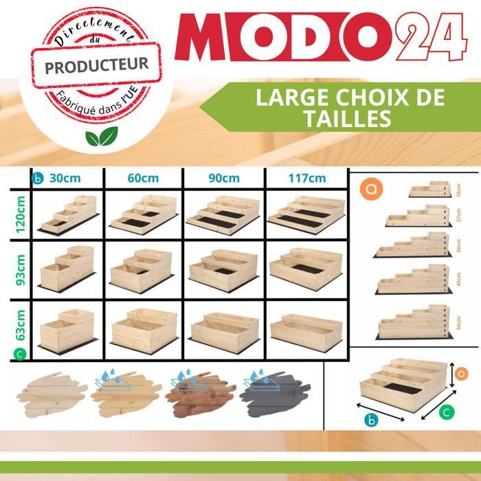 MODO24 Carré potager surélevé en bois, 4 niveaux en cascade, 54x117x120 cm, jardin/terrasse, kit jardinier inclus, brun imprégné